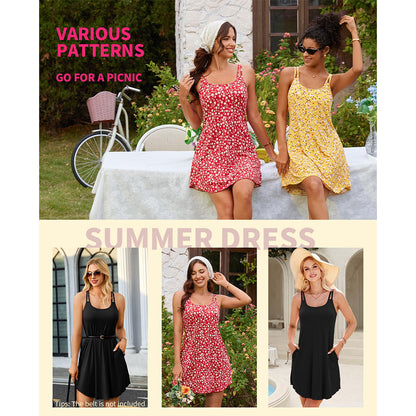 Attraco Women's Sleeveless A-Line Sundress with Built-In Bra, Adjustable Straps and Pockets Summer Dresses
