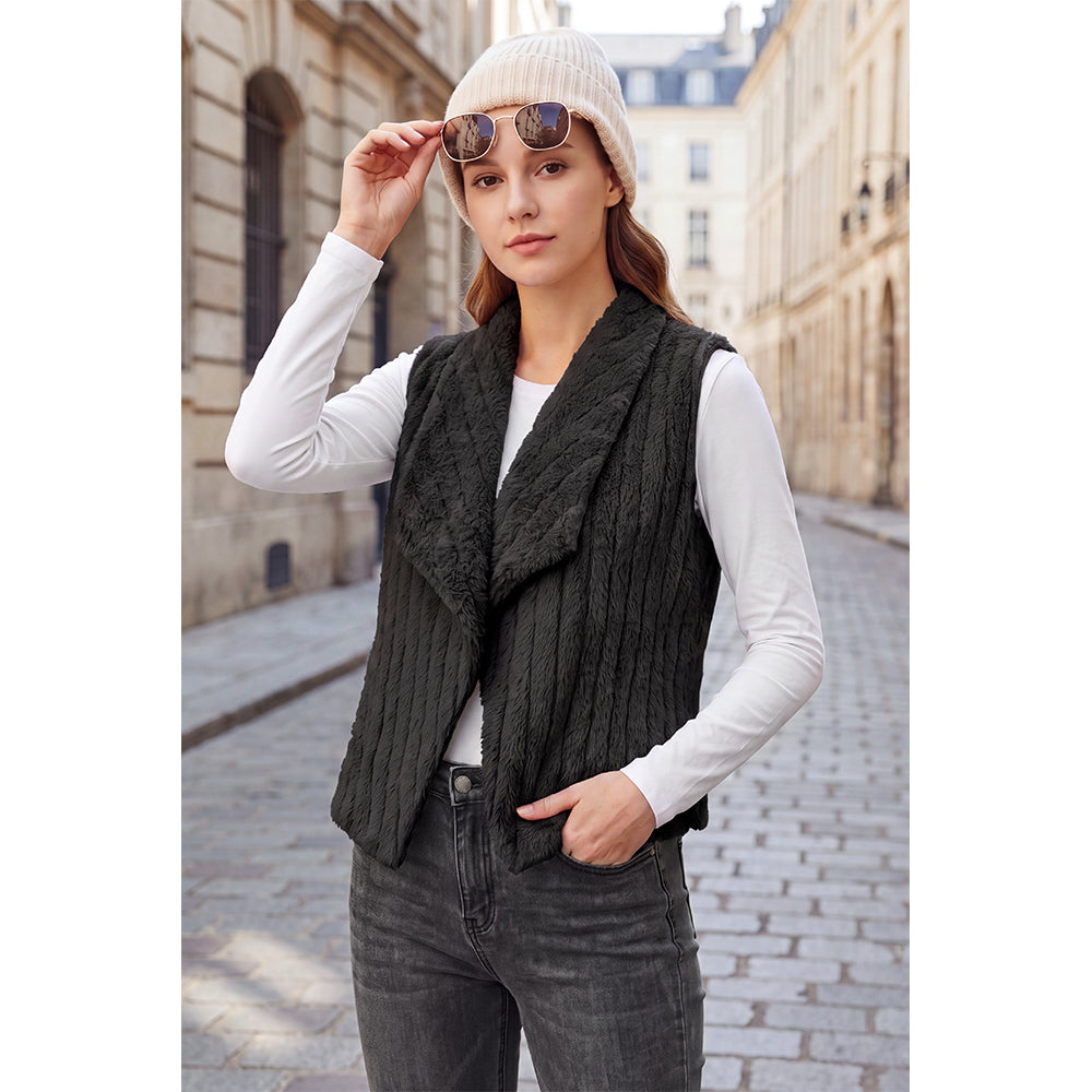 Attraco Women's Faux Fur Open Front Sleeveless Vest Soft Plush Shawl Collar Lightweight Layering Jacket