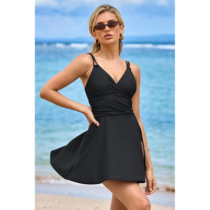 Charmo Women's Deep V Neck Side Slit Skirted One Piece Swimsuit with Built-In Brief Swim Dress