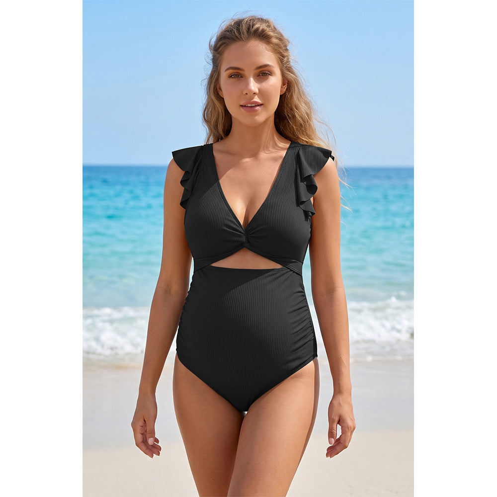 Charmo Women's Maternity One Piece Swimsuit with Ruffle Sleeves, Ribbed V Neck Cutout Tie Back Pregnancy Swimwear