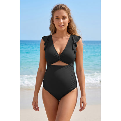 Charmo Women's Maternity One Piece Swimsuit with Ruffle Sleeves, Ribbed V Neck Cutout Tie Back Pregnancy Swimwear