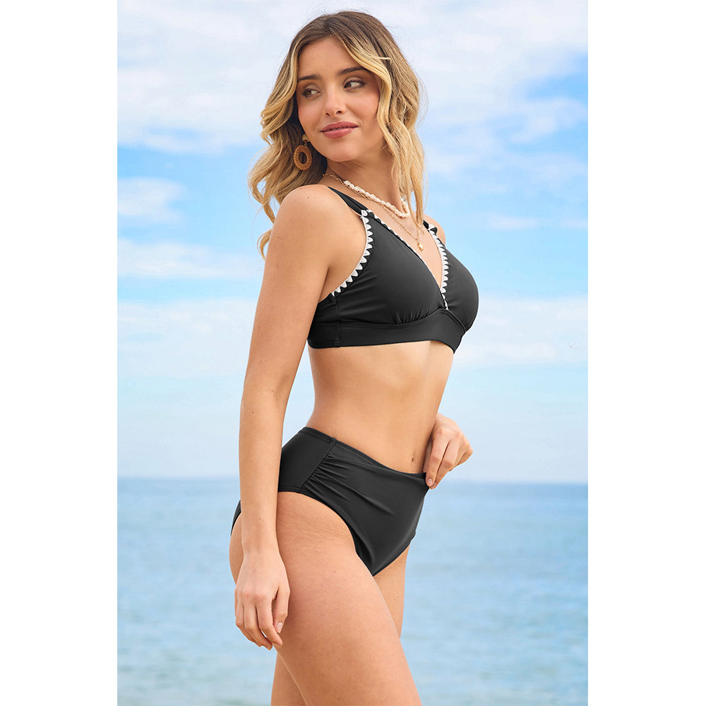 Charmo Women's Pearl-Trimmed V-Neck High-Waisted Bikini with Adjustable Back Closure Bathing Suit Set