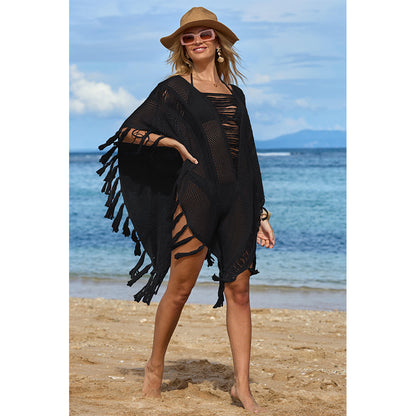 Charmo Women's Open Knit Fringe Cover Up with Sheer Design & Tassel Details Beach Swimwear