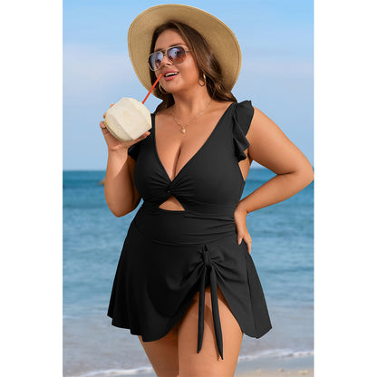 Charmo Women's Ruffle Ribbed Plus Size Swimdress One Piece Swimsuit High Waisted Tummy Control Bathing Suit