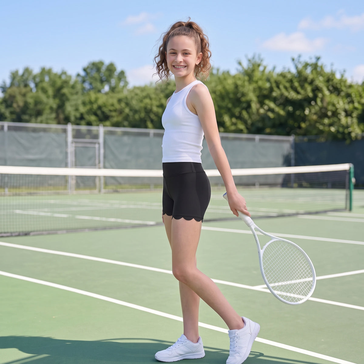 Attraco Girls' High Waisted Athletic Biker Shorts with Hidden Pocket Scalloped Hem for Dance Gymnastics Sports 7-14 Years