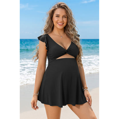 Charmo Women's Maternity One Piece Swimsuit Dress with Ruffle Sleeves Twist Front V Neck Swimwear