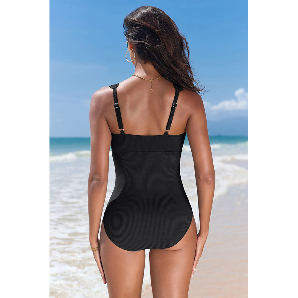 Charmo Women's Ribbed Scalloped Neck Ruched One Piece Swimsuit with Adjustable Straps