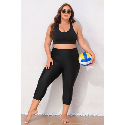 Charmo Women's Plus Size High Waisted Capri Swim Leggings with Scalloped Hem Swim Pants