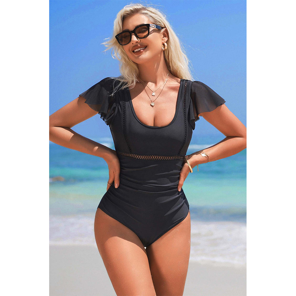 Charmo Women's Ruffled Sleeve One Piece Swimsuit Ruched V Back Tummy Control Bathing Suit