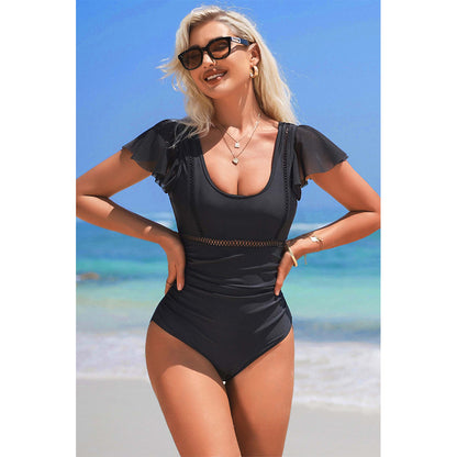 Charmo Women's Ruffled Sleeve One Piece Swimsuit Ruched V Back Tummy Control Bathing Suit