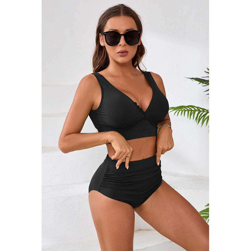 Charmo Women's Ribbed Ruched Bottom & Deep V-Neck Top Bikini Set Two Piece Swimsuit Set
