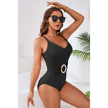 Charmo Women's Ribbed Plunge V-Neck O Ring Waist Cutout Back One Piece Swimsuit