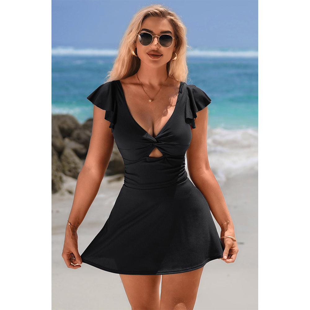 Charmo Women's Twist Front Ruffled Sleeve Cutout Backless Flared Swim Dress with Built-In Bottoms