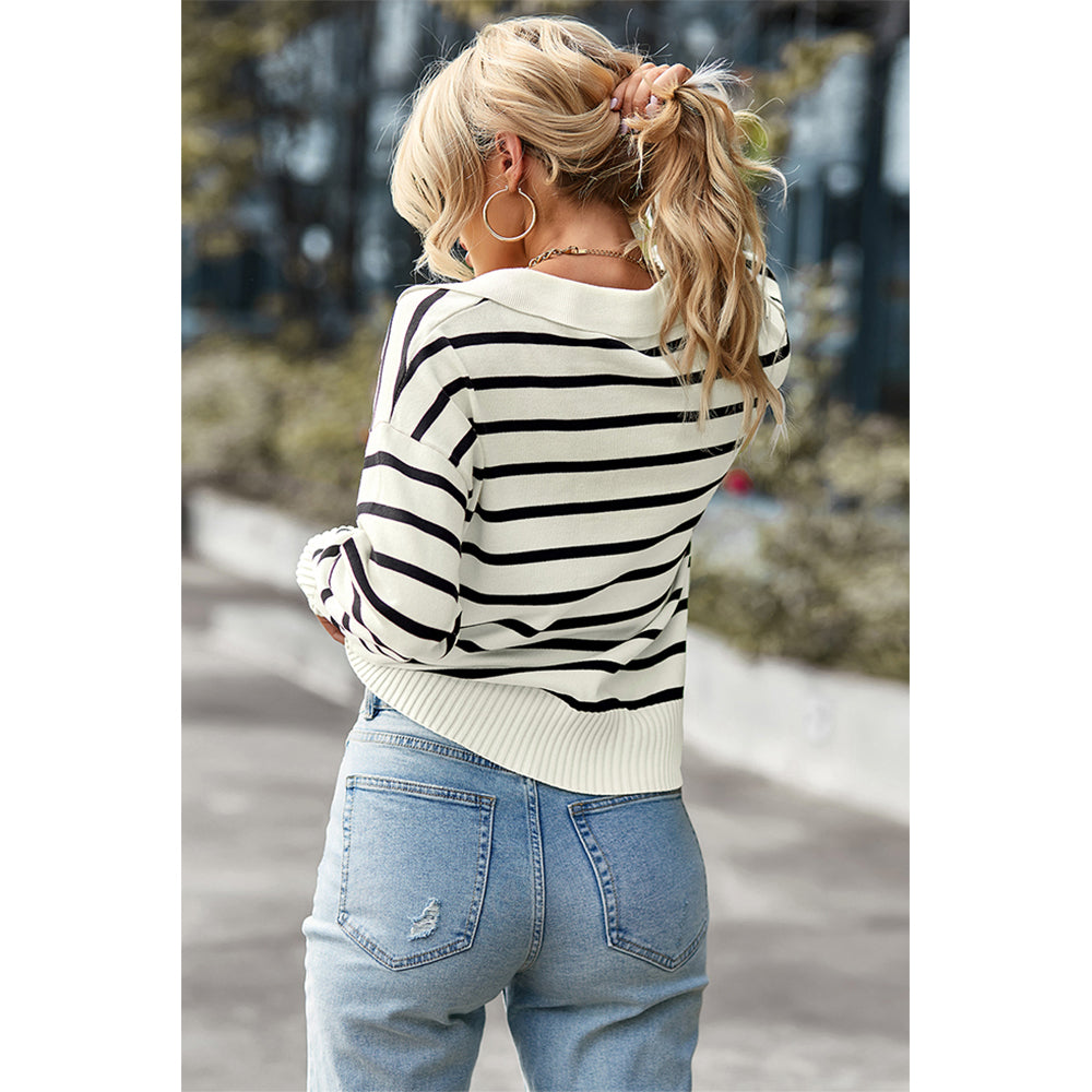 Attraco Women's Striped Collared Long Sleeve Knit Sweater Pullover Tops