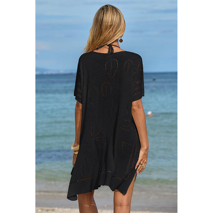 Charmo Women's Open Knit Leaf Pattern  Lace-Up Front & Side Slits Cover Ups