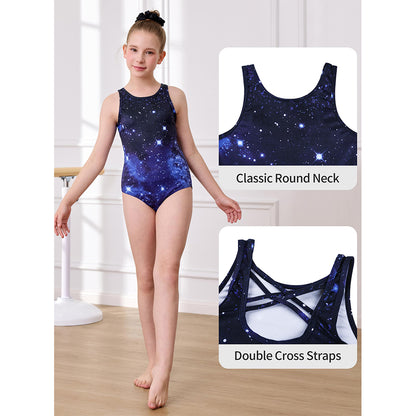 Charmo Girls Scoop Neck Cross Back Printed Gymnastics Leotard with Matching Shorts and Hair Scrunchie