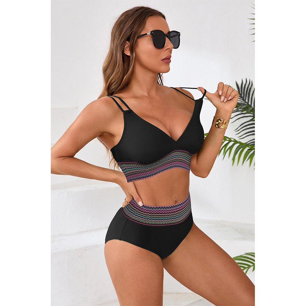 Charmo Women's Embellished Waist Band Bikini Set V Neck Adjustable Straps Two Pieces Swimwear Set