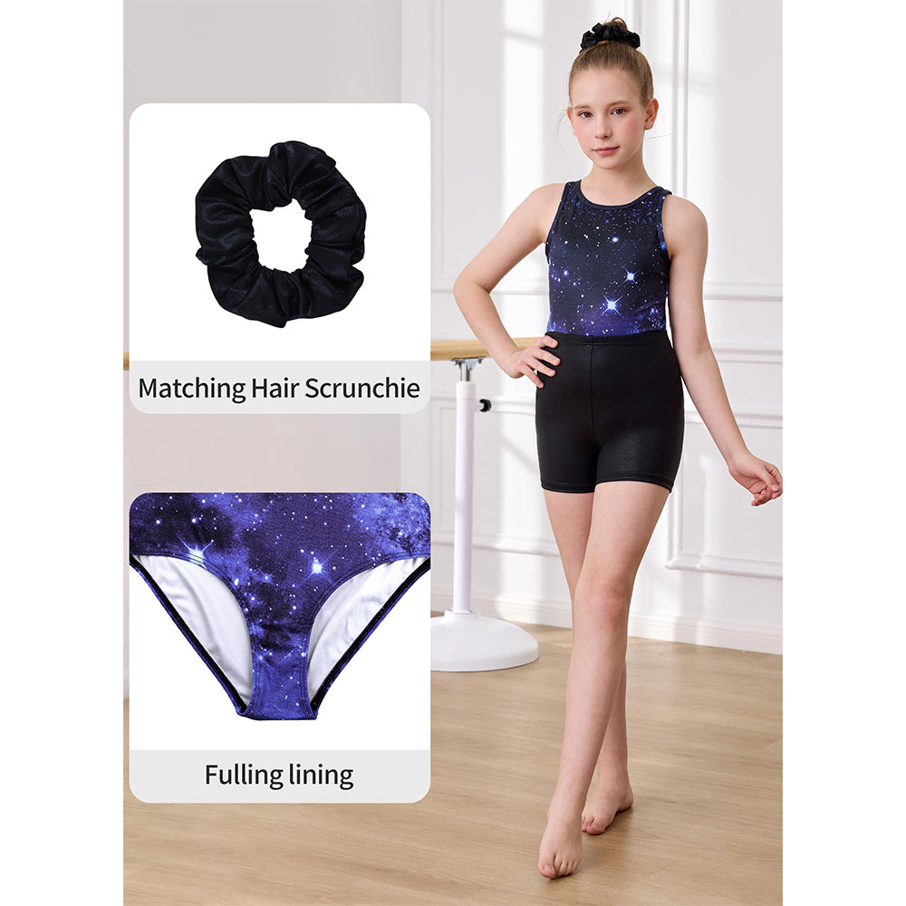 Charmo Girls Scoop Neck Cross Back Printed Gymnastics Leotard with Matching Shorts and Hair Scrunchie