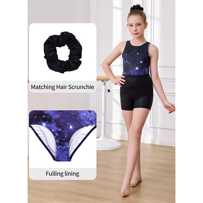 Charmo Girls Scoop Neck Cross Back Printed Gymnastics Leotard with Matching Shorts and Hair Scrunchie