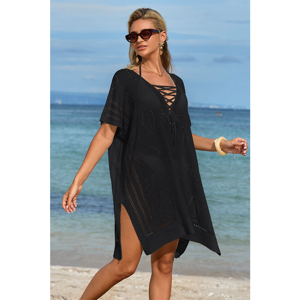 Charmo Women's Open Knit Leaf Pattern  Lace-Up Front & Side Slits Cover Ups