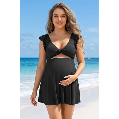 Charmo Women's Maternity One Piece Swimsuit Dress with Ruffle Sleeves Twist Front V Neck Swimwear