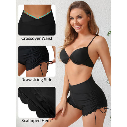 Charmo Women's High Waist Crossover Scalloped Hem Drawstring Swim Shorts Swim Bottom