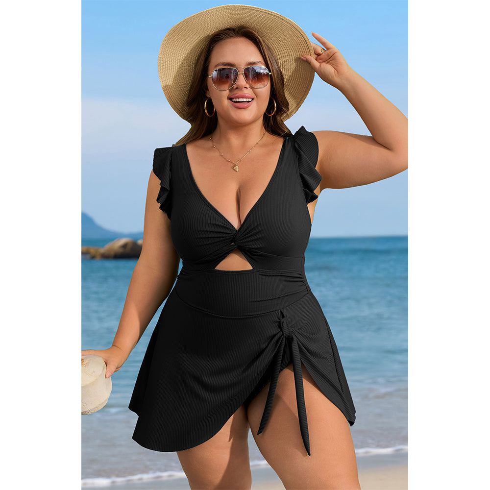 Charmo Women's Ruffle Ribbed Plus Size Swimdress One Piece Swimsuit High Waisted Tummy Control Bathing Suit