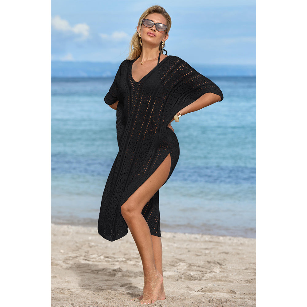 Charmo Women's Crochet Hollow Out V Neck Batwing Sleeves & High Side Slits Cover Ups