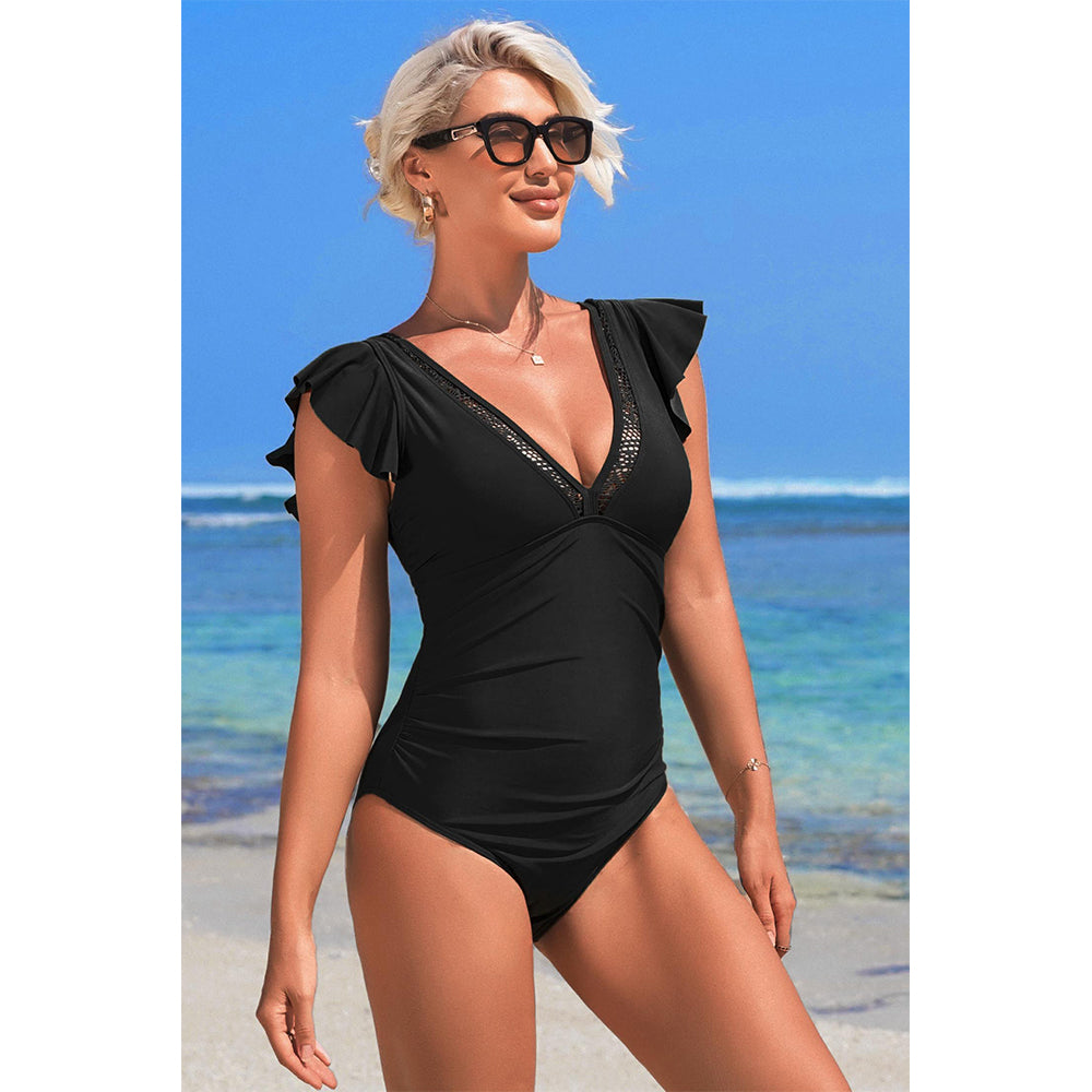 Charmo Women's Ruffled Shoulder One Piece Swimsuit Embellished V-Neck & Back Cutout Bathing Suit