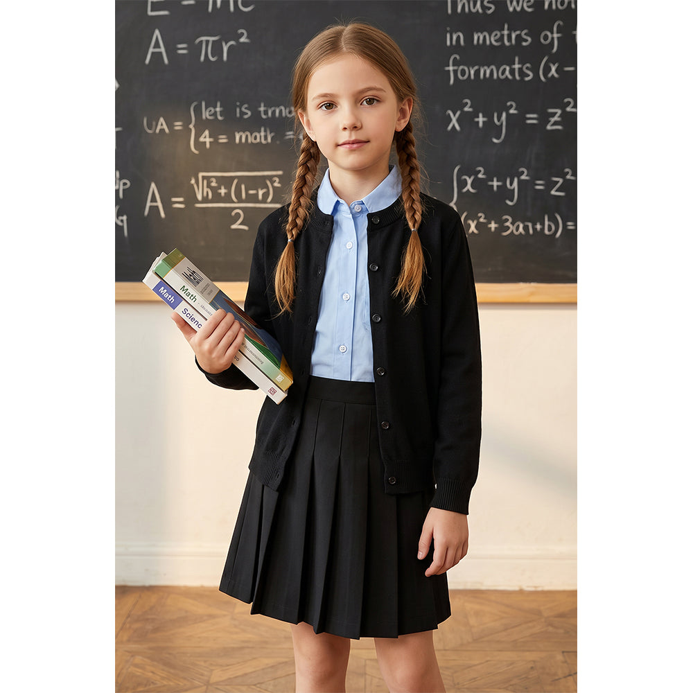 Attraco Kids Girls 100% Cotton Button-Up Knit Cardigan Sweater, Long Sleeve Crewneck School Uniform for Boys & Girls 5-12Years