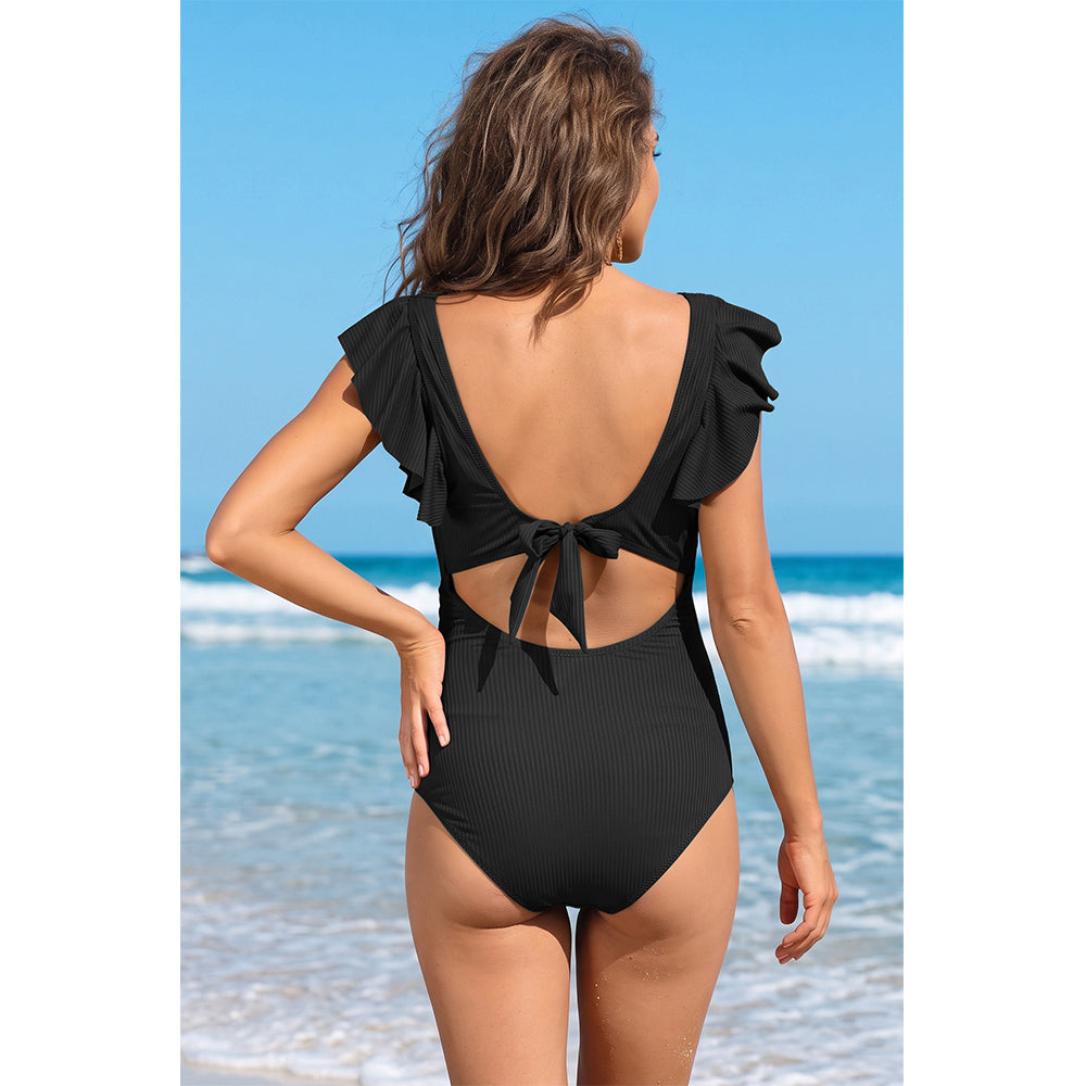 Charmo Women's Maternity One Piece Swimsuit with Ruffle Sleeves, Ribbed V Neck Cutout Tie Back Pregnancy Swimwear