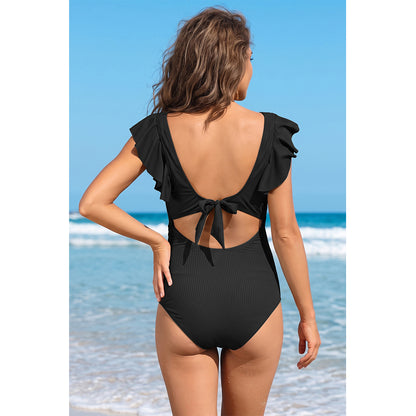 Charmo Women's Maternity One Piece Swimsuit with Ruffle Sleeves, Ribbed V Neck Cutout Tie Back Pregnancy Swimwear