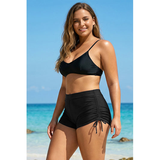 Charmo Women's Plus Size High Waist Ruched Side Tie Swim Shorts Swim Bottom