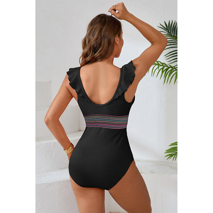 Charmo Women's Ruffled Plunge V Neck Cutout Back One Piece Swimsuit with Waist Band