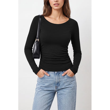 Attraco Women's Long Sleeve Scoop Neck Top with Built-in Bra Pads and Side Ruched Detail