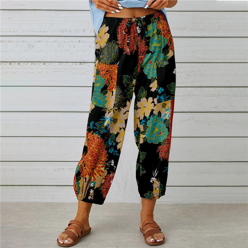 Attraco Women High Waist Drawstring Cropped Jogger Pants Vintage Floral Print Side Pocket Casual Trousers