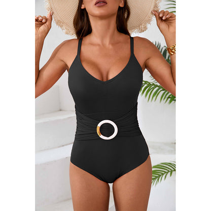 Charmo Women's Ribbed Plunge V-Neck O Ring Waist Cutout Back One Piece Swimsuit