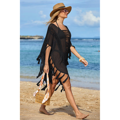 Charmo Women's Open Knit Fringe Cover Up with Sheer Design & Tassel Details Beach Swimwear