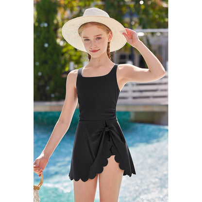 Charmo Girls Square Neck Side Tie One Piece Swimsuit with Built-in Shorts Scalloped Hem Kid's Bathing Suit Size 8-16 Years