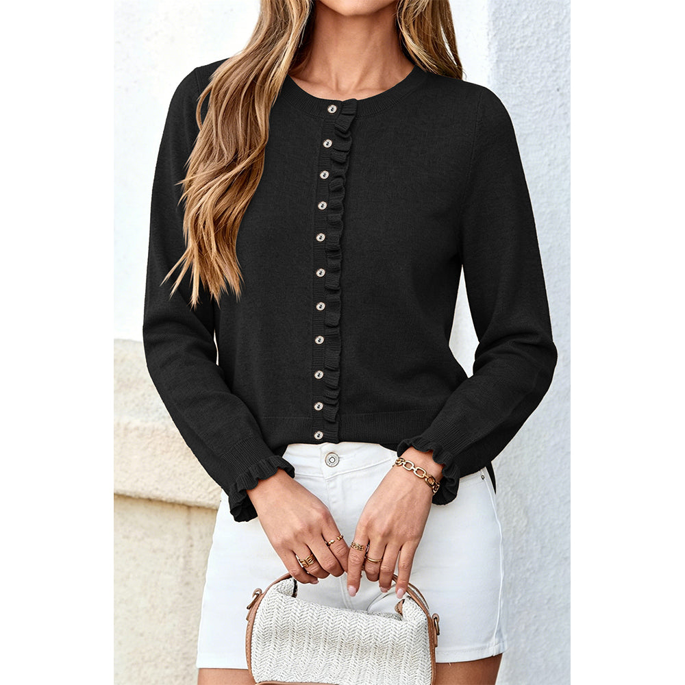Attraco Women's Long Sleeve Ruffle Trim Cardigan Sweater Button Front Knit Top