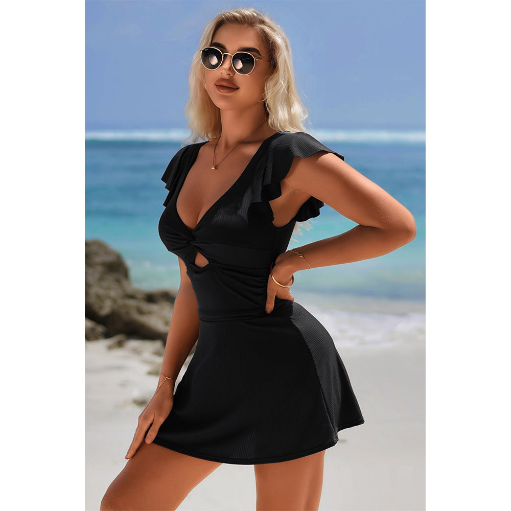 Charmo Women's Twist Front Ruffled Sleeve Cutout Backless Flared Swim Dress with Built-In Bottoms