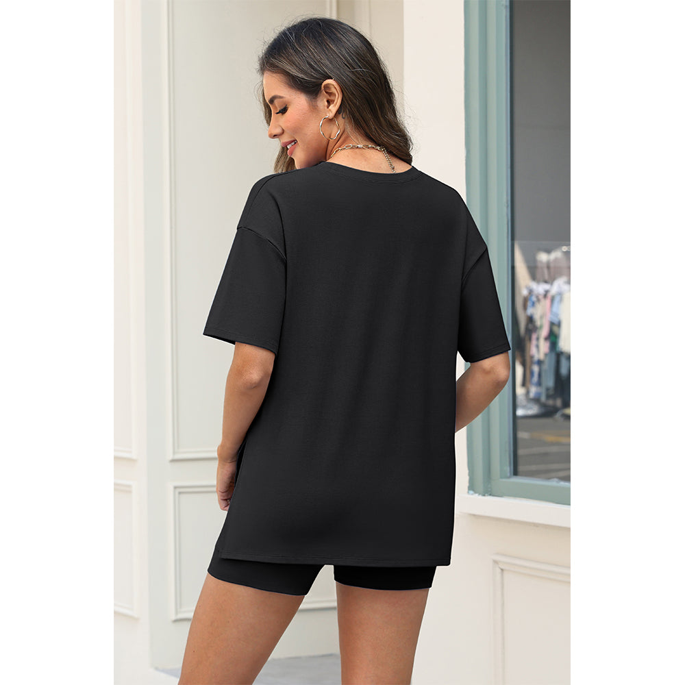 Attraco Maternity Two Piece Side Slit Short Sleeve Lounge Set with Pocketed High Waist Shorts