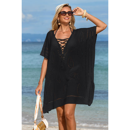 Charmo Women's Open Knit Leaf Pattern  Lace-Up Front & Side Slits Cover Ups
