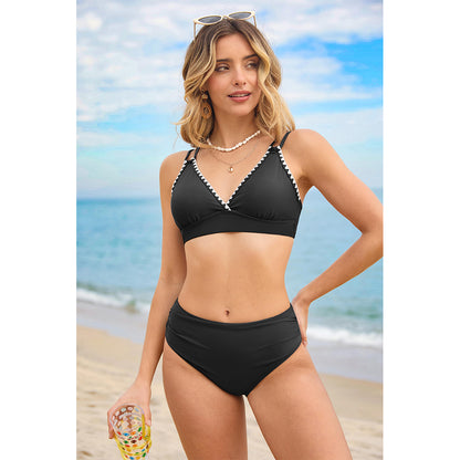 Charmo Women's Pearl-Trimmed V-Neck High-Waisted Bikini with Adjustable Back Closure Bathing Suit Set