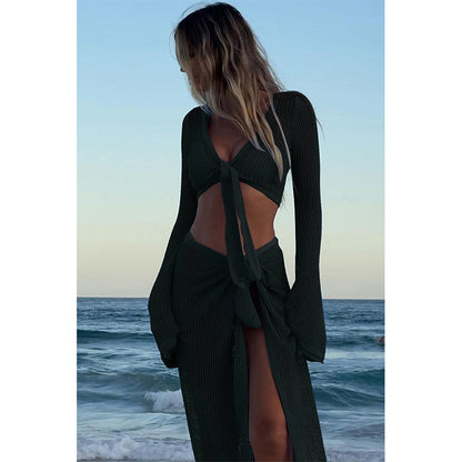 Charmo Women's Crochet Knit Tie Front Cropped Top and Wrap Skirt Set Two Piece Beach Cover Up Set