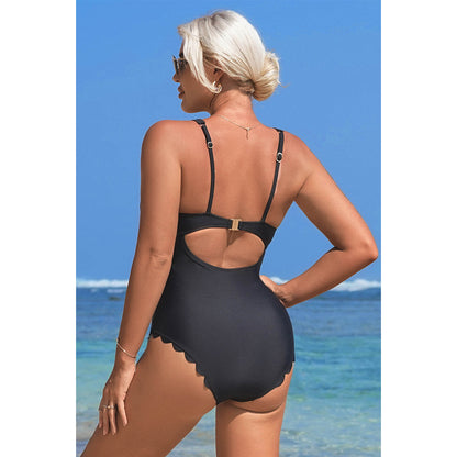 Charmo Women's Scalloped Edge Deep V Neck Open Back One Piece Swimsuit