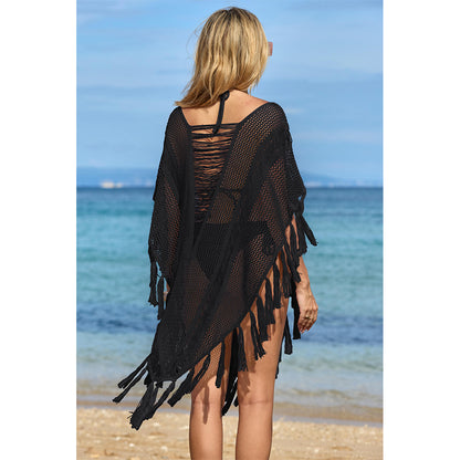 Charmo Women's Open Knit Fringe Cover Up with Sheer Design & Tassel Details Beach Swimwear