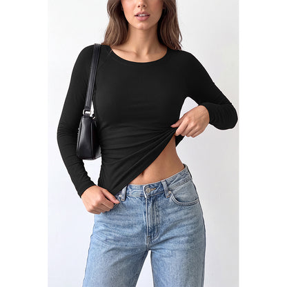 Attraco Women's Long Sleeve Scoop Neck Top with Built-in Bra Pads and Side Ruched Detail