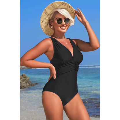 Charmo Women's Ruched Deep V-Neck One Piece Swimsuit Adjustable Straps & Back Cutout Bathing Suits
