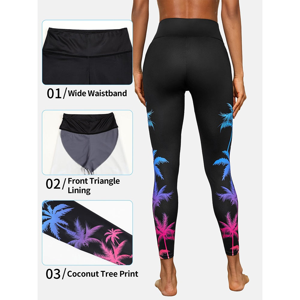 Charmo Women's High Waisted Swim Pants Coconut Tree Print Swim Leggings
